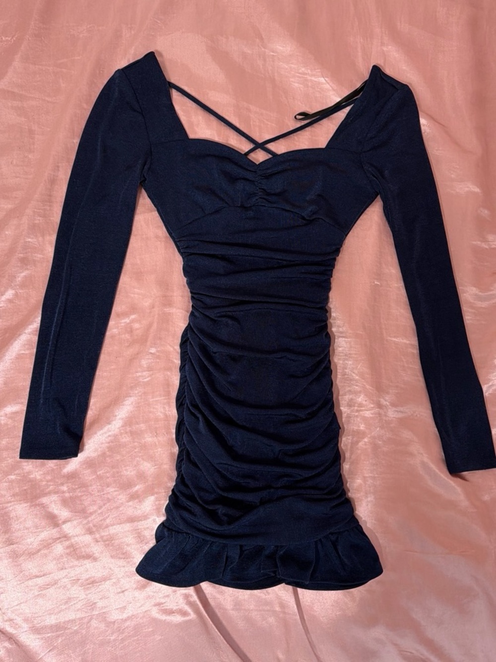 BCX Navy Long-Sleeve Ruched Mini Dress with Crisscross Straps